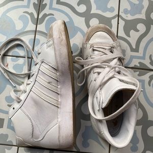 Adidas high tops with gold logo. size 4.5 in boys but 6.5 for girls.